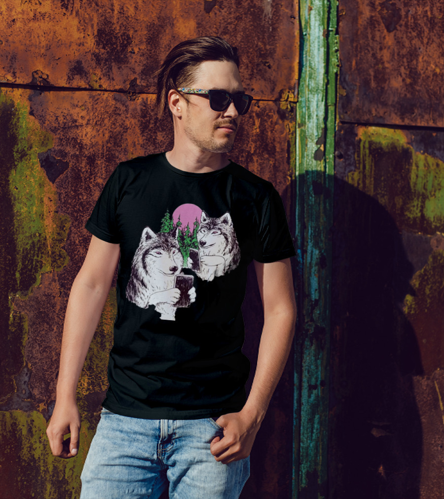 There Are Two Wolves Inside You Both On Smartphones Against A Pink Moon And Pine Trees T-Shirt