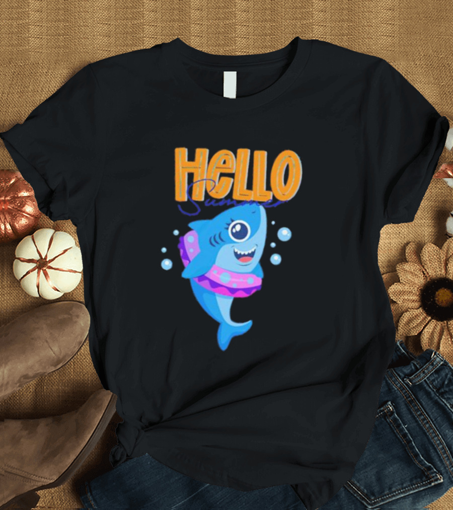 Hello Summer Shark With Swim Ring And Bubbles T-Shirt