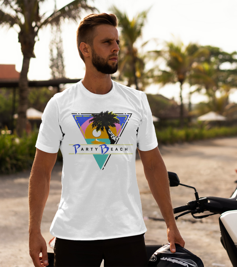 Party Beach Sunset Palm Tree Retro Triangle T-Shirt