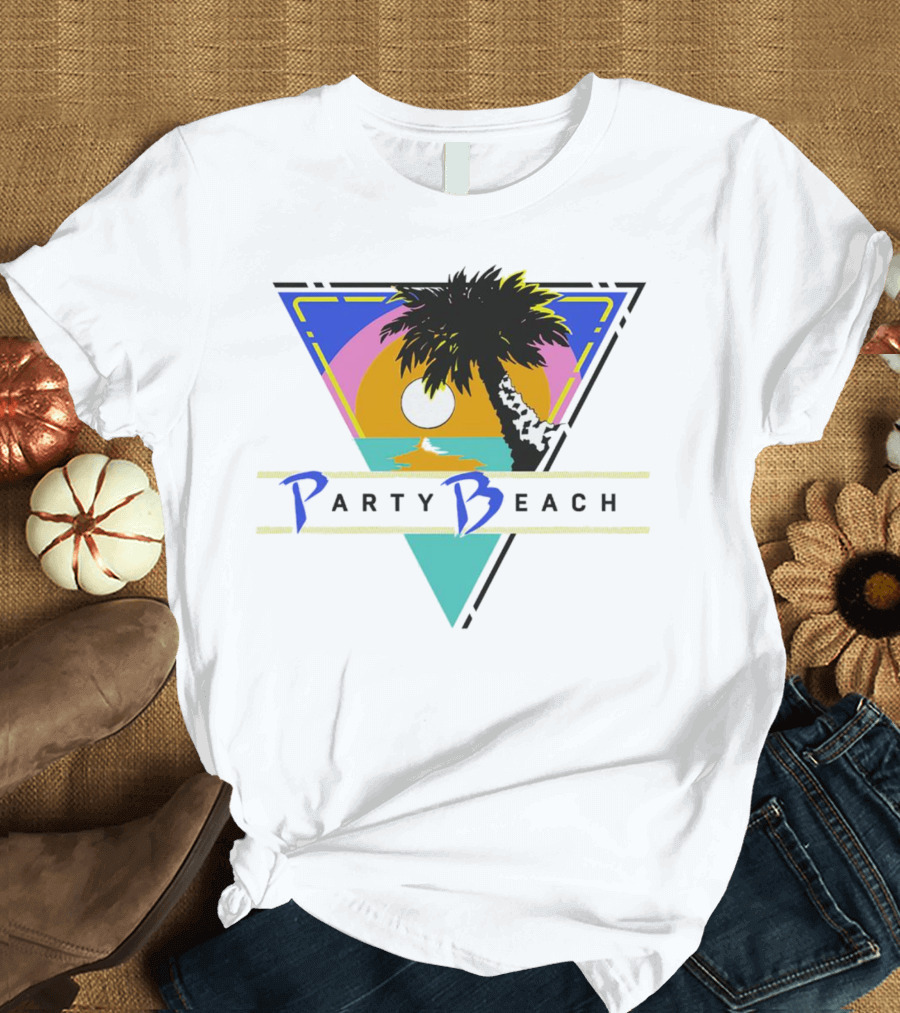 Party Beach Sunset Palm Tree Retro Triangle T-Shirt