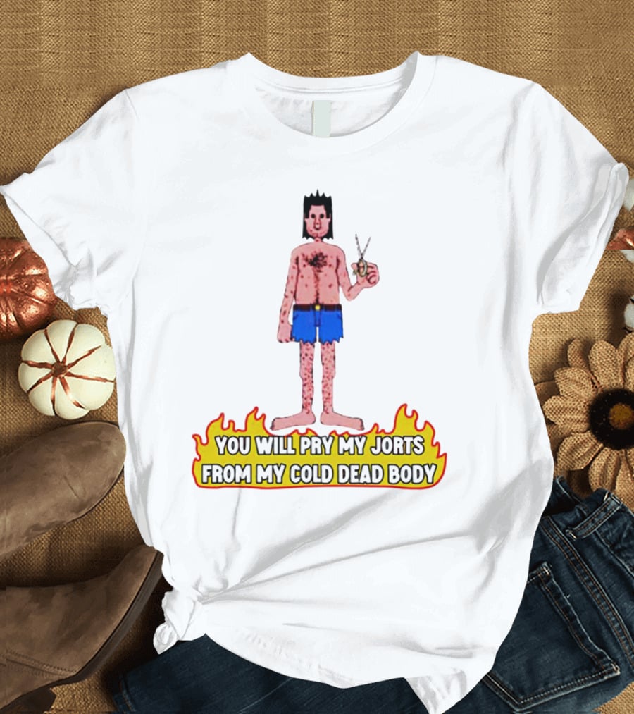 You Will Pry My Jorts From My Cold Dead Body Cartoon Character Holding Scissors In Flames T-Shirt