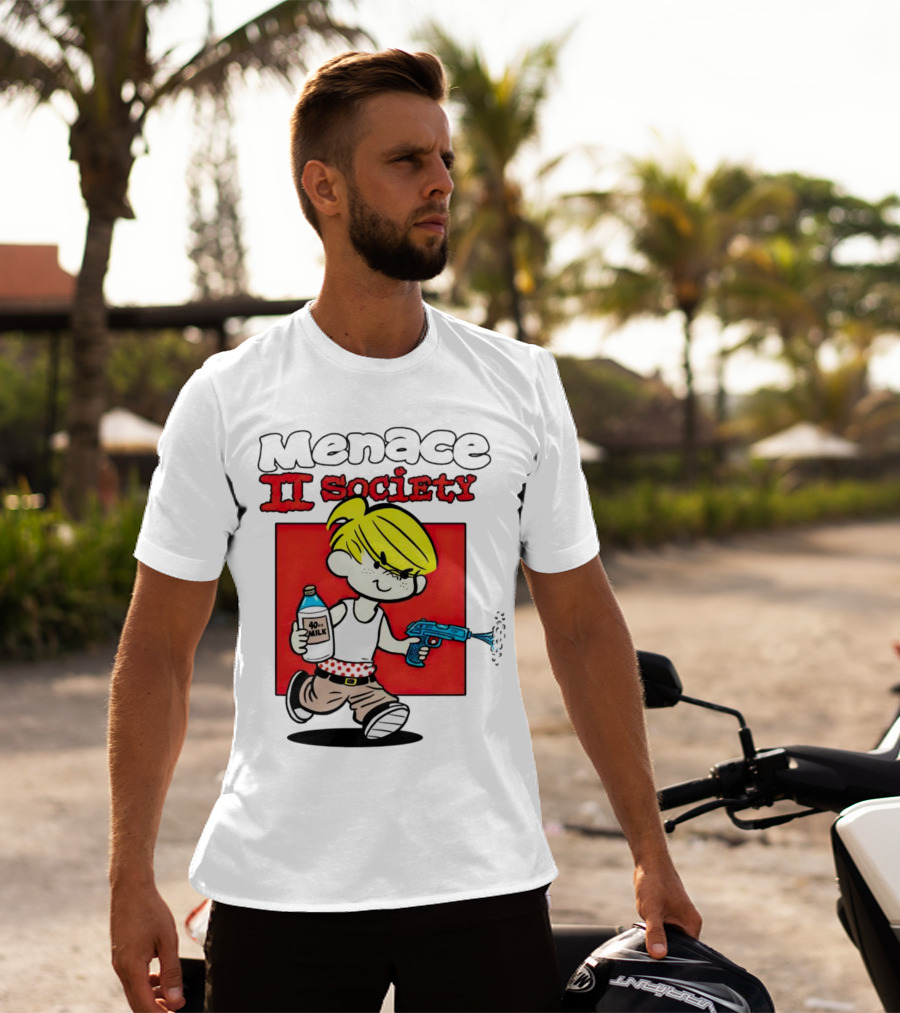 Menace II Society Cartoon Character With Squirt Gun And Milk T-Shirt