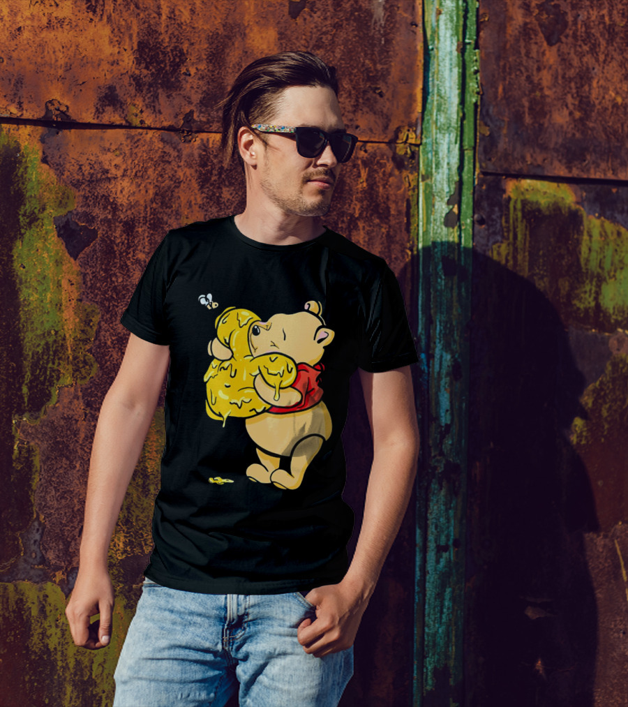 Pooh Bear Hugging Hunny Pot With Bee T-Shirt
