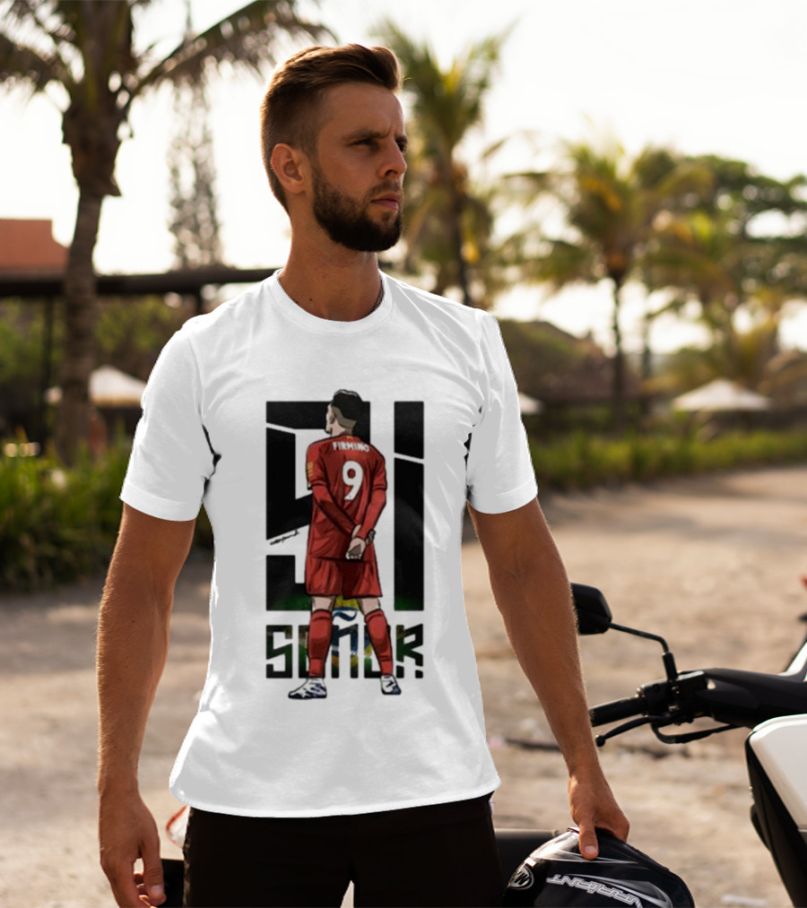 Roberto Firmino Si Señor 9 Football Player In Red Kit With Brazil Flag Background T-Shirt