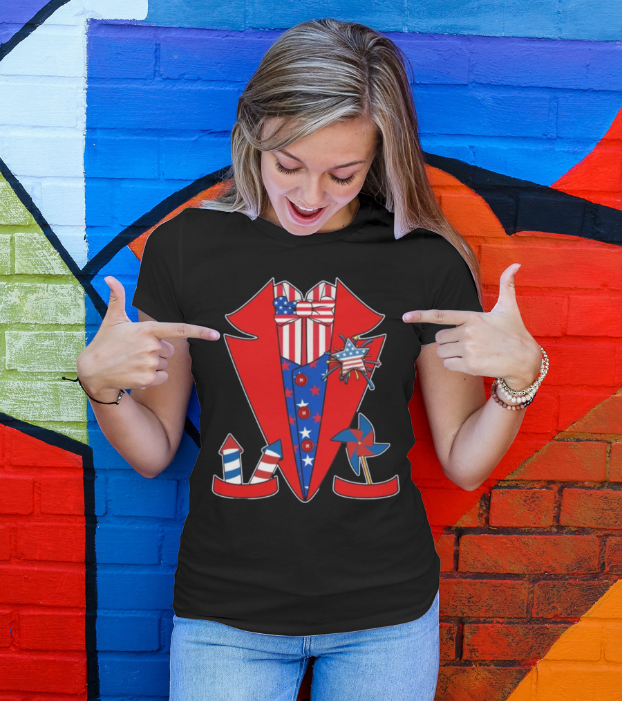 Patriotic Stars And Stripes Tuxedo With Fireworks And Pinwheel T-Shirt
