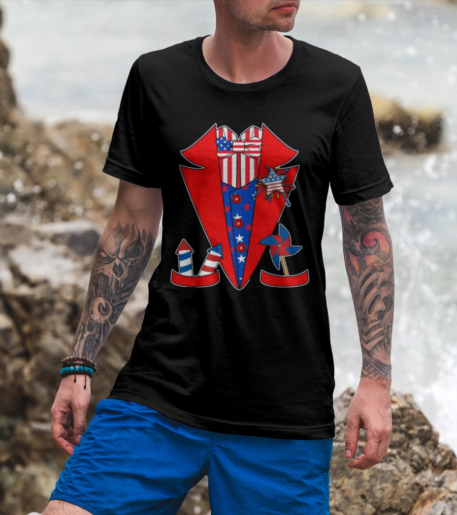 Patriotic Stars And Stripes Tuxedo With Fireworks And Pinwheel T-Shirt