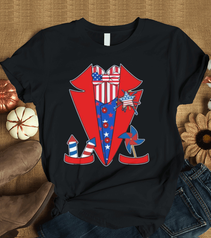 Patriotic Stars And Stripes Tuxedo With Fireworks And Pinwheel T-Shirt
