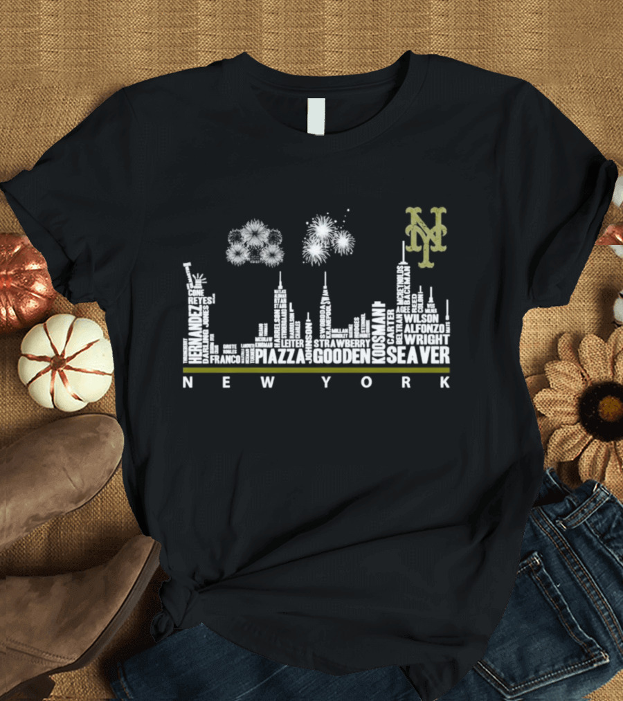 New York Mets Skyline With Player Names T-Shirt