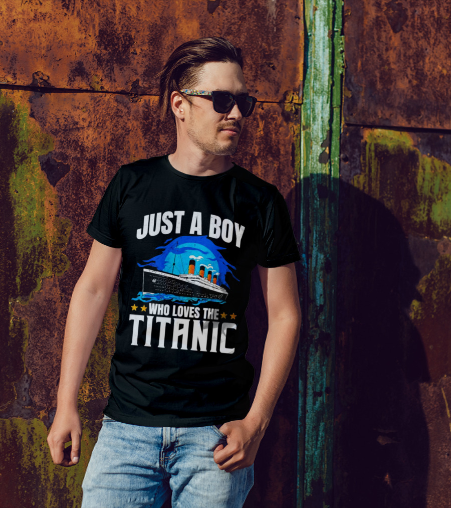 Just A Boy Who Loves The Titanic Ship With Blue Ocean And Stars T-Shirt