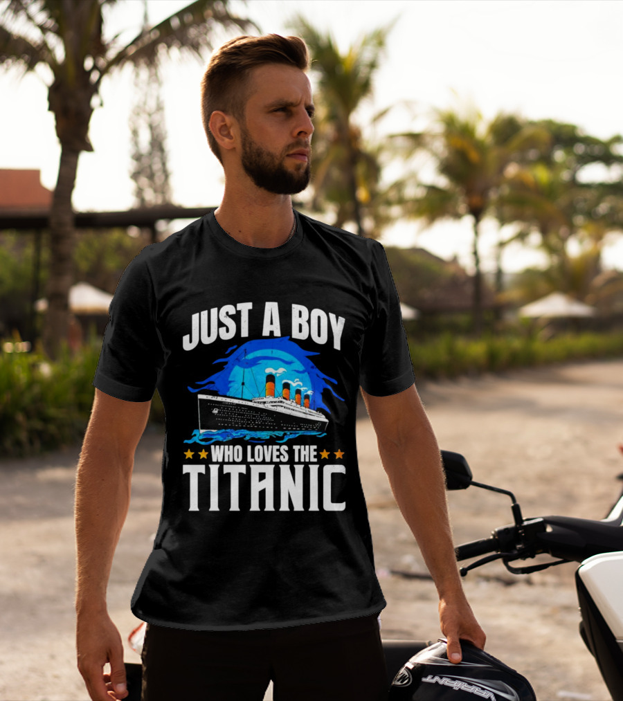 Just A Boy Who Loves The Titanic Ship With Blue Ocean And Stars T-Shirt