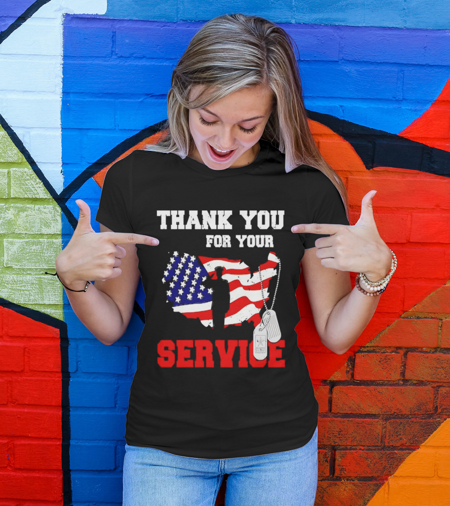 Thank You For Your Service American Flag Silhouette With Dog Tags T-Shirt