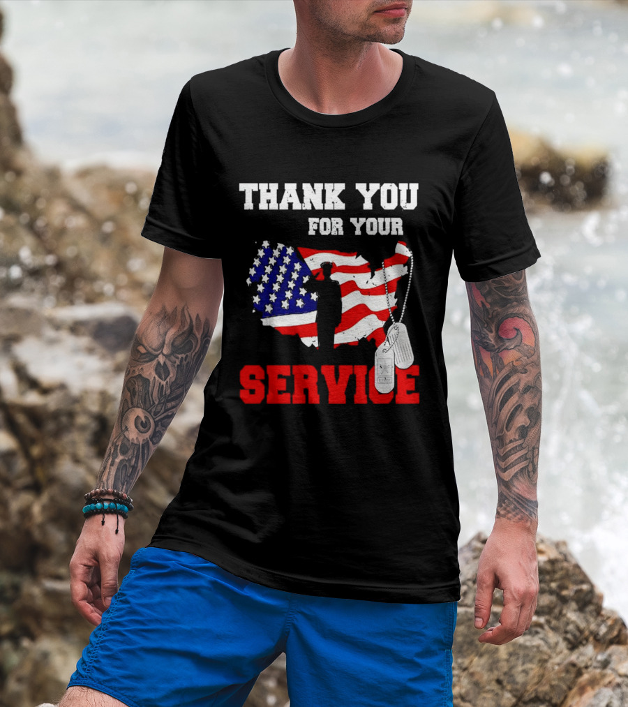 Thank You For Your Service American Flag Silhouette With Dog Tags T-Shirt