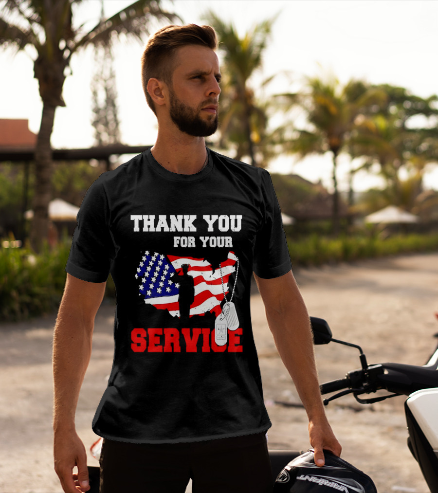 Thank You For Your Service American Flag Silhouette With Dog Tags T-Shirt