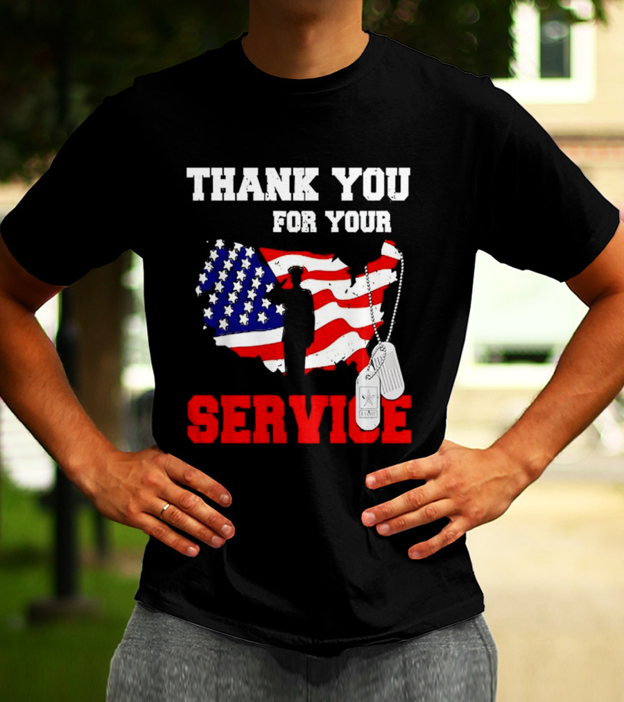 Thank You For Your Service American Flag Silhouette With Dog Tags T-Shirt