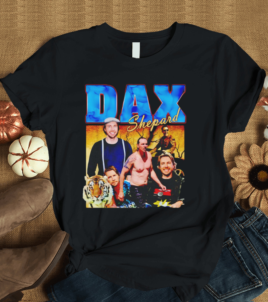 Dax Shepard Vintage Collage With Blue Text And Tiger T-Shirt