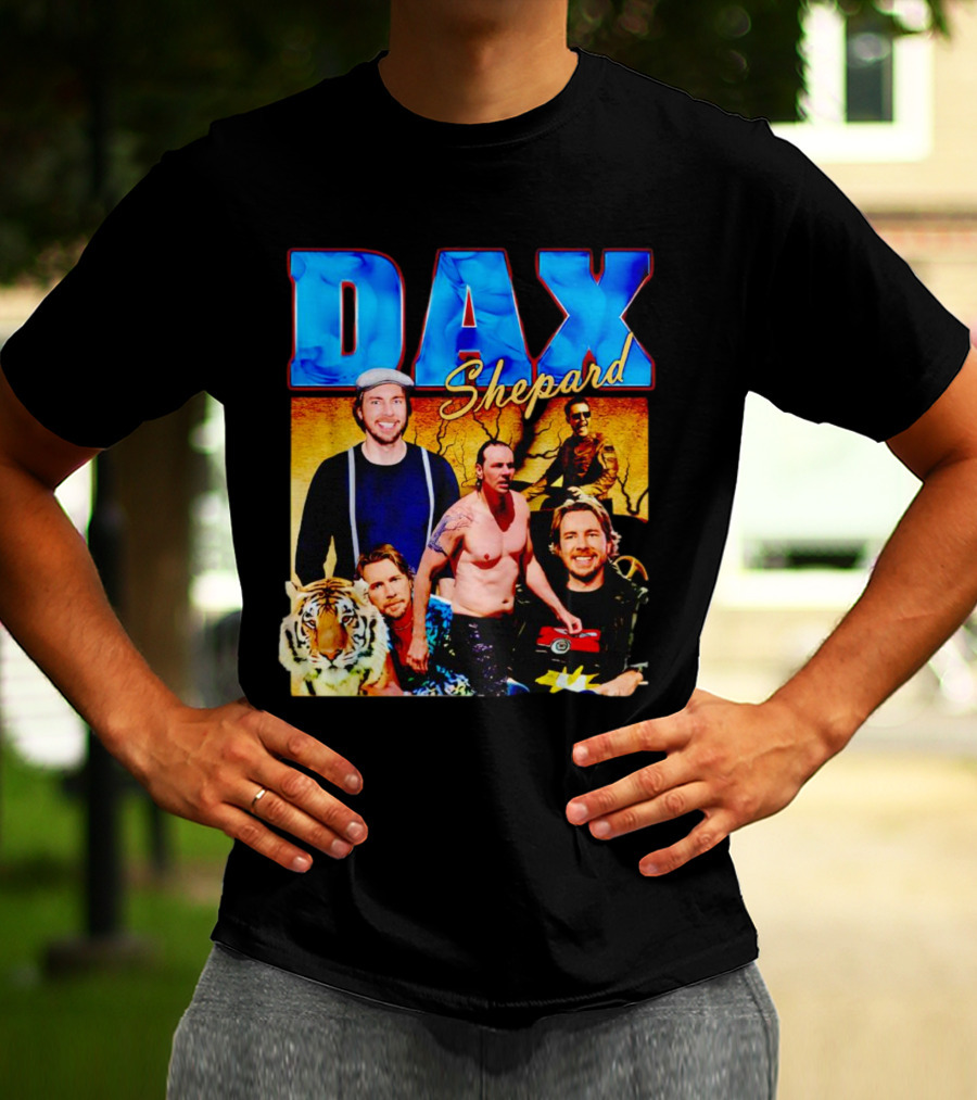 Dax Shepard Vintage Collage With Blue Text And Tiger T-Shirt