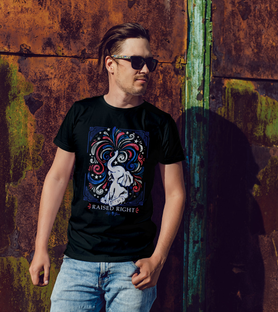 Elephant Raised Right Fireworks Red White Blue Stars T-Shirt