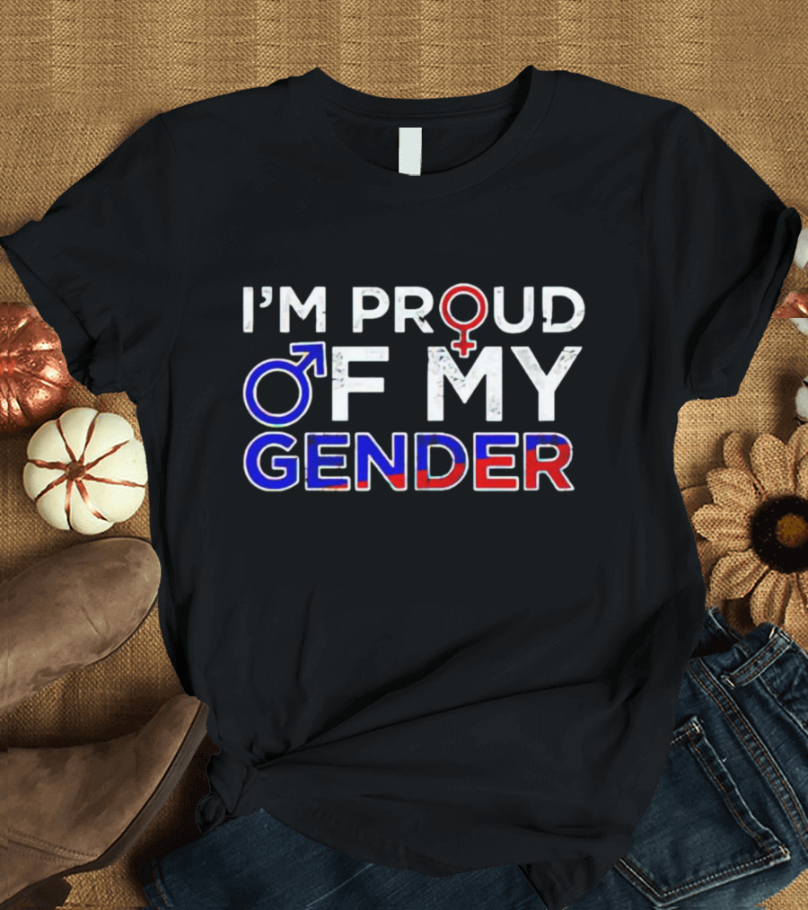 I’m Proud Of My Gender With Male And Female Symbols In Red, White, And Blue T-Shirt