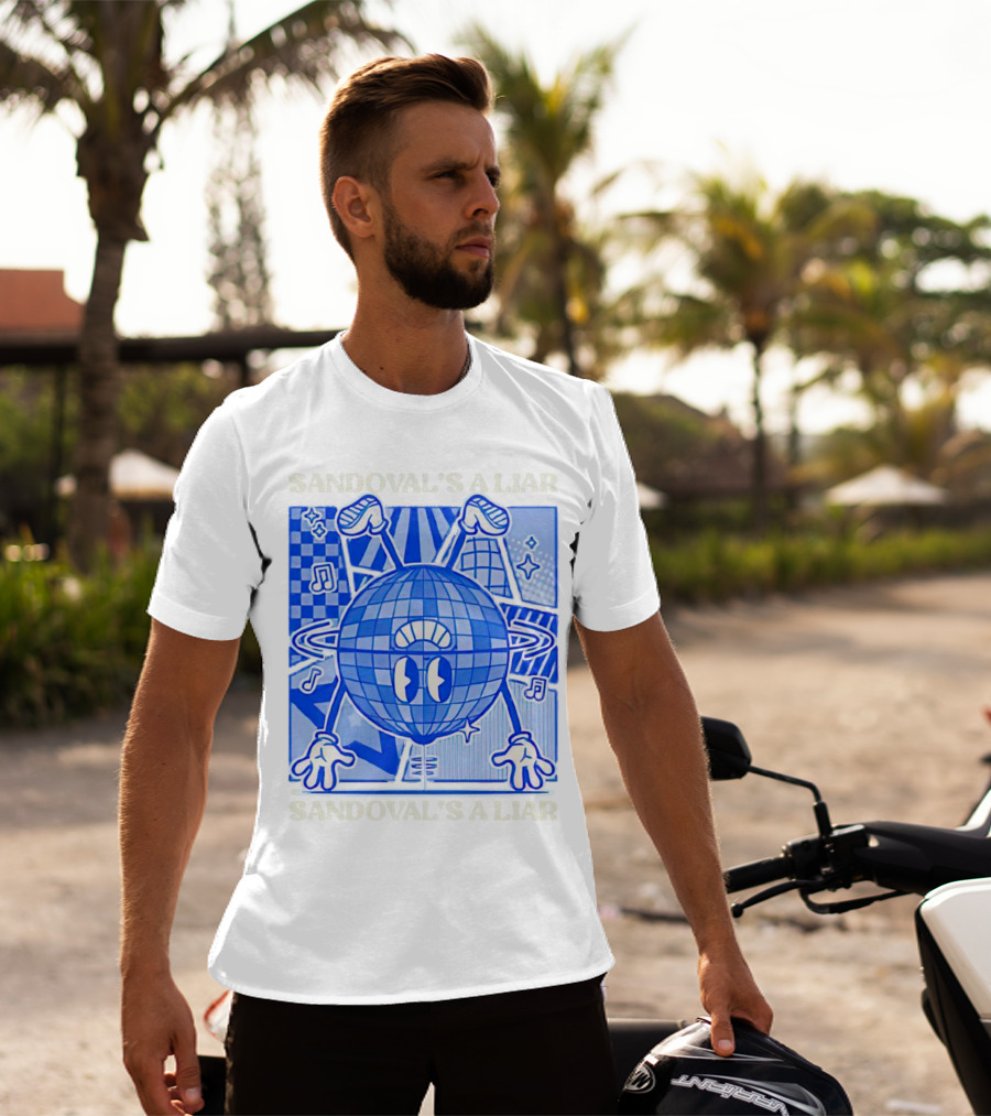 Sandoval's A Liar Blue Globe Cartoon Music Notes Geometric Background T-Shirt