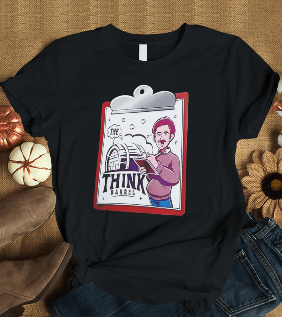 The Think Barrel Clipboard With Cartoon Character And Building Outline T-Shirt
