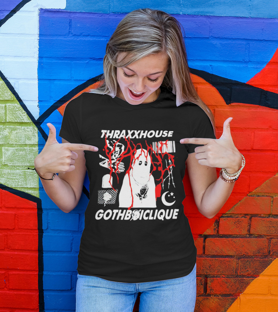 Thraxxhouse Gothboiclique Praying Figure With Barcode Rose Crescent Moon And Abstract Red Streaks T-Shirt