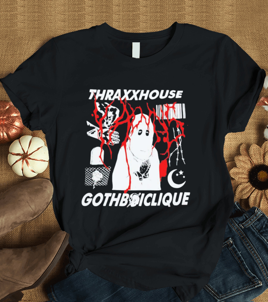 Thraxxhouse Gothboiclique Praying Figure With Barcode Rose Crescent Moon And Abstract Red Streaks T-Shirt