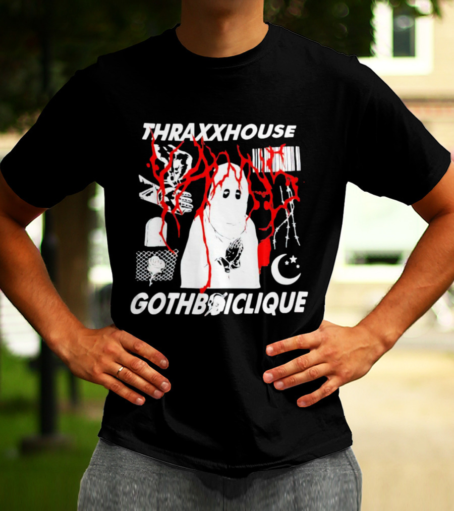 Thraxxhouse Gothboiclique Praying Figure With Barcode Rose Crescent Moon And Abstract Red Streaks T-Shirt