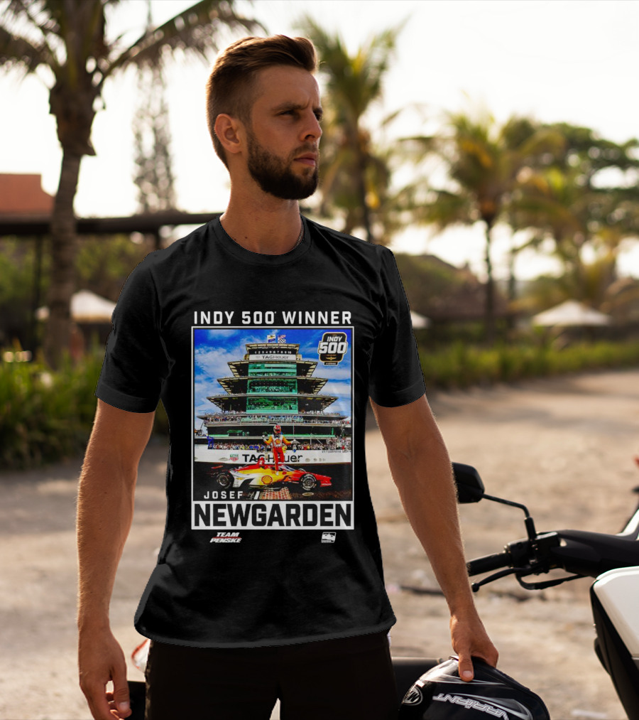 Indy 500 Winner Josef Newgarden Team Penske TAG Heuer Race Car And Pagoda Background T-Shirt