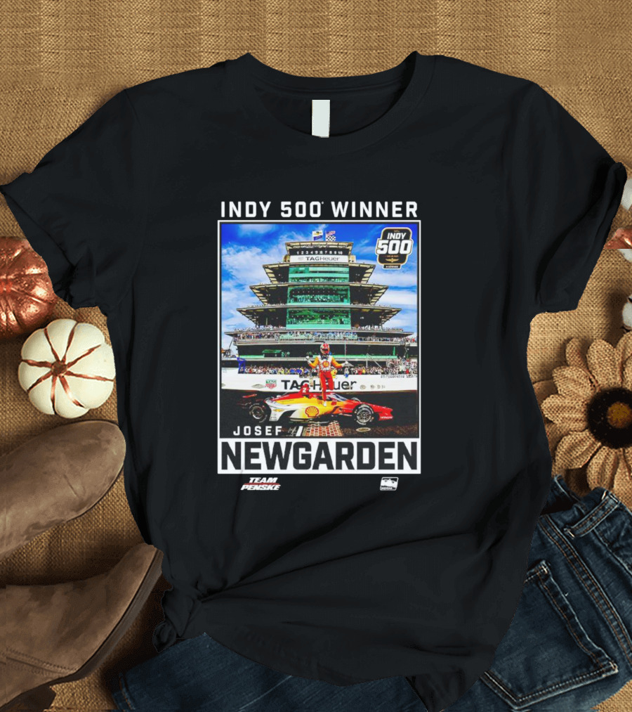 Indy 500 Winner Josef Newgarden Team Penske TAG Heuer Race Car And Pagoda Background T-Shirt