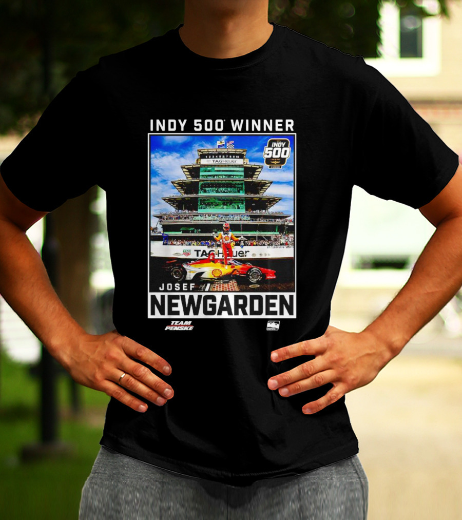 Indy 500 Winner Josef Newgarden Team Penske TAG Heuer Race Car And Pagoda Background T-Shirt