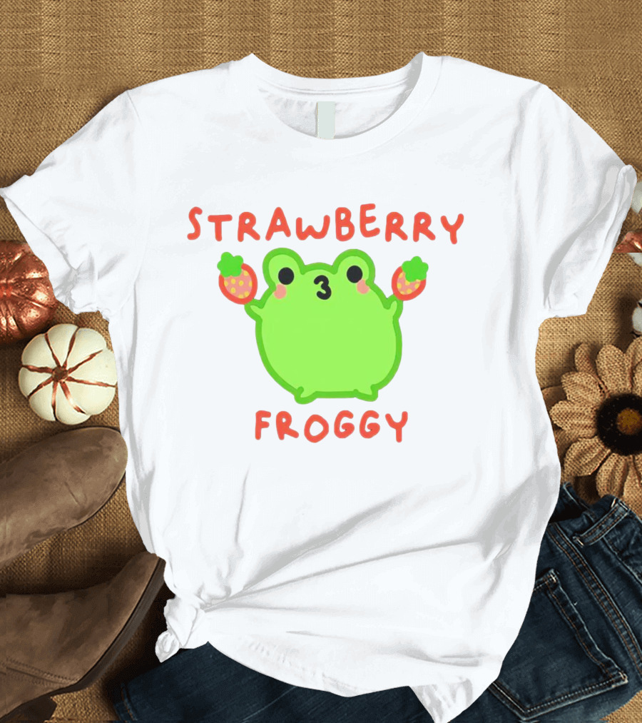 STRAWBERRY FROGGY Green Frog Holding Strawberries T-Shirt