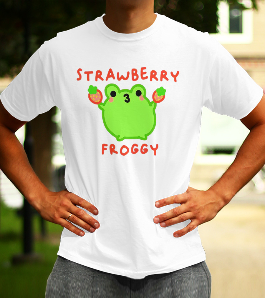 STRAWBERRY FROGGY Green Frog Holding Strawberries T-Shirt