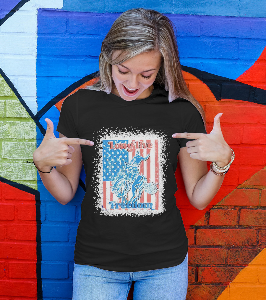 Long Live Freedom America Flag Cowboy And Horse T-Shirt
