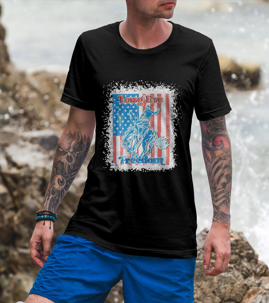 Long Live Freedom America Flag Cowboy And Horse T-Shirt