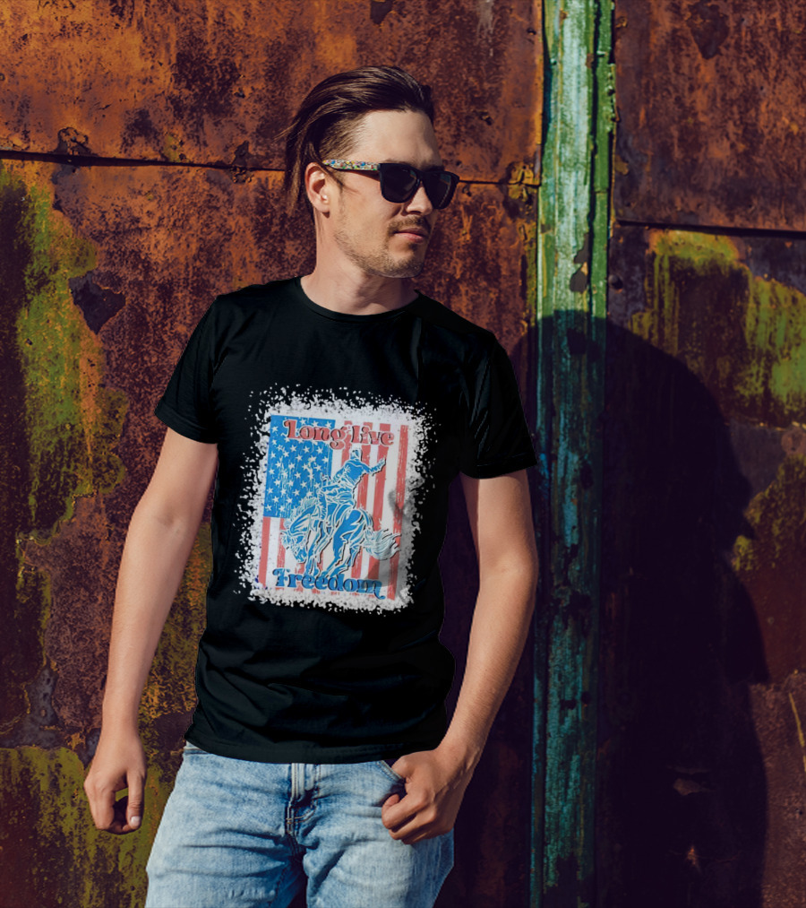 Long Live Freedom America Flag Cowboy And Horse T-Shirt