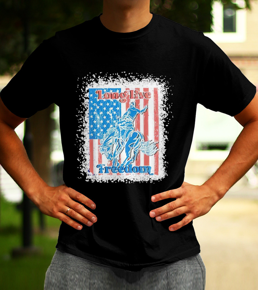 Long Live Freedom America Flag Cowboy And Horse T-Shirt