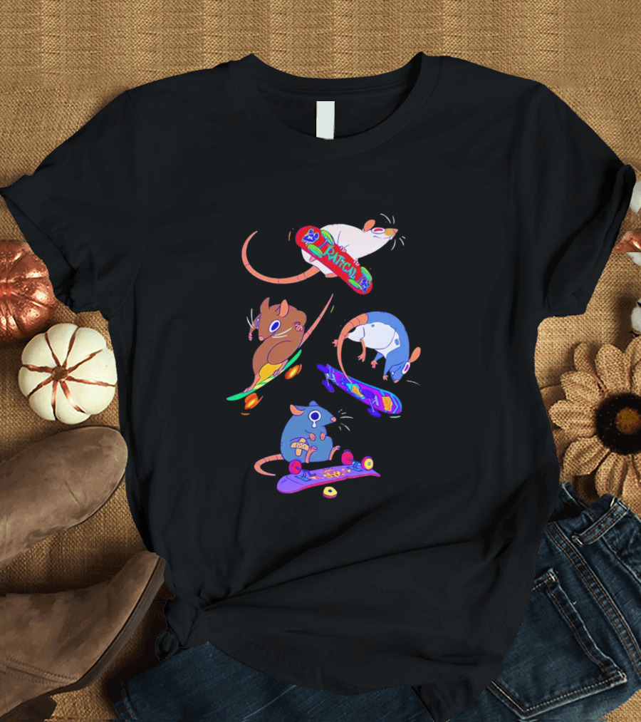 Skateboarding Ratical Rat Colorful Tricks T-Shirt