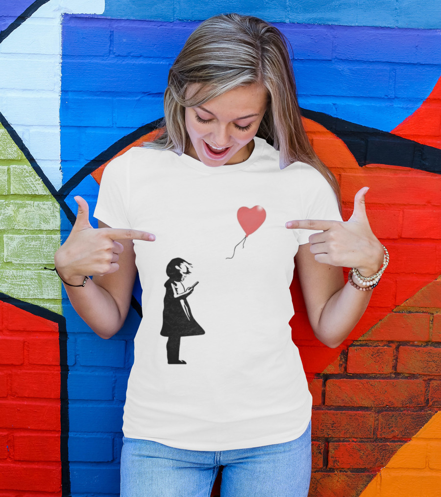 Girl With Phone Heart Balloon Black Dark Shadow T-Shirt