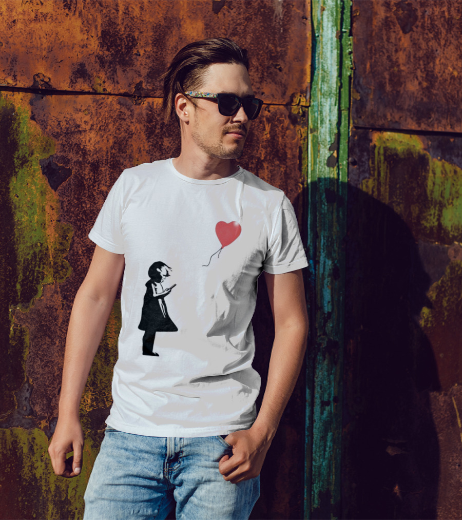 Girl With Phone Heart Balloon Black Dark Shadow T-Shirt