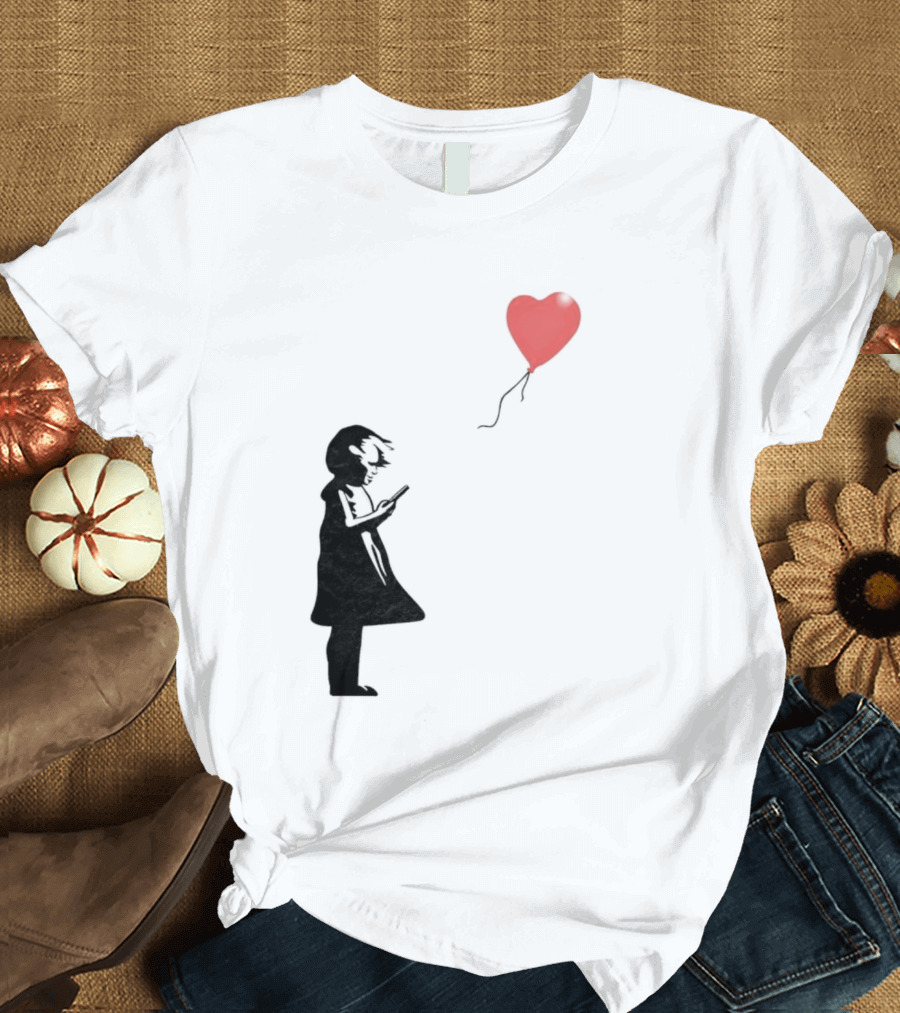 Girl With Phone Heart Balloon Black Dark Shadow T-Shirt