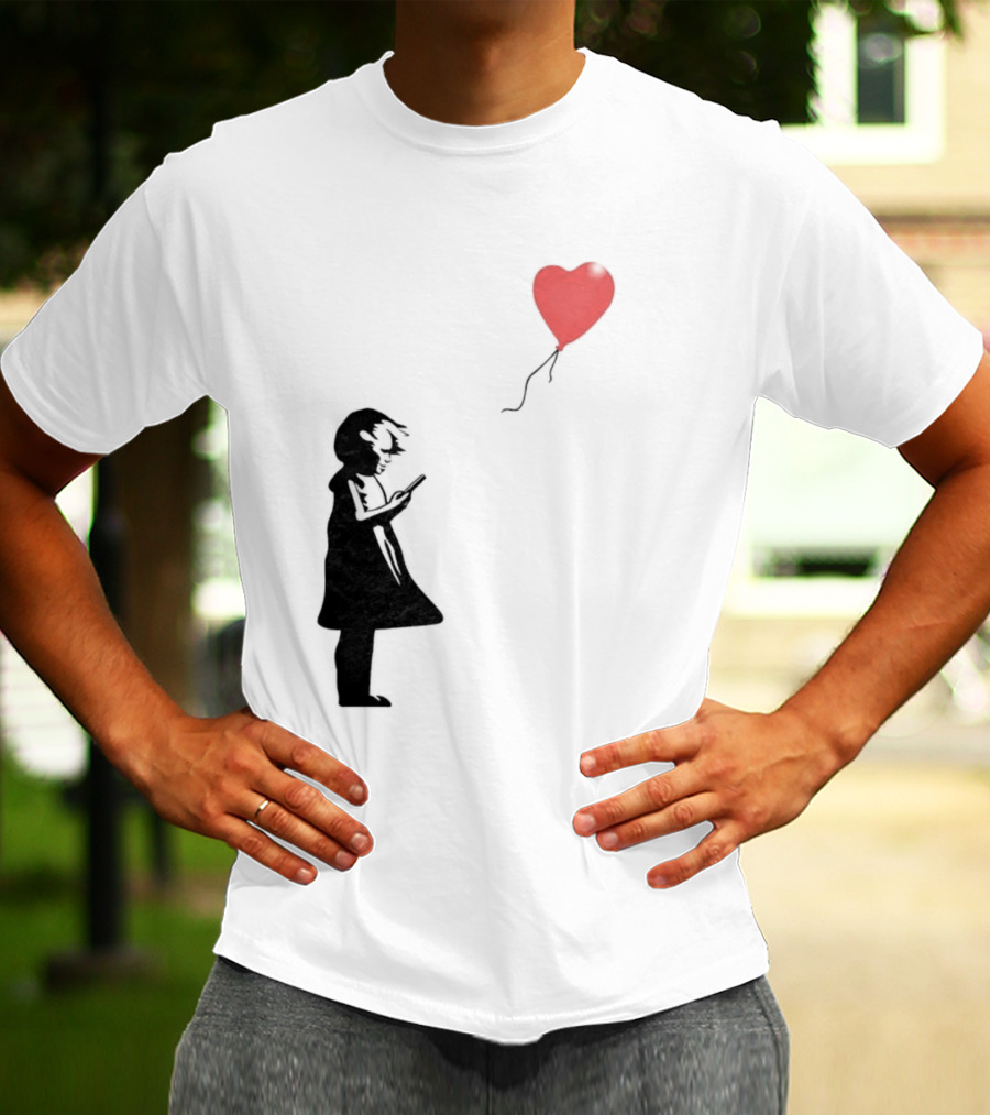 Girl With Phone Heart Balloon Black Dark Shadow T-Shirt