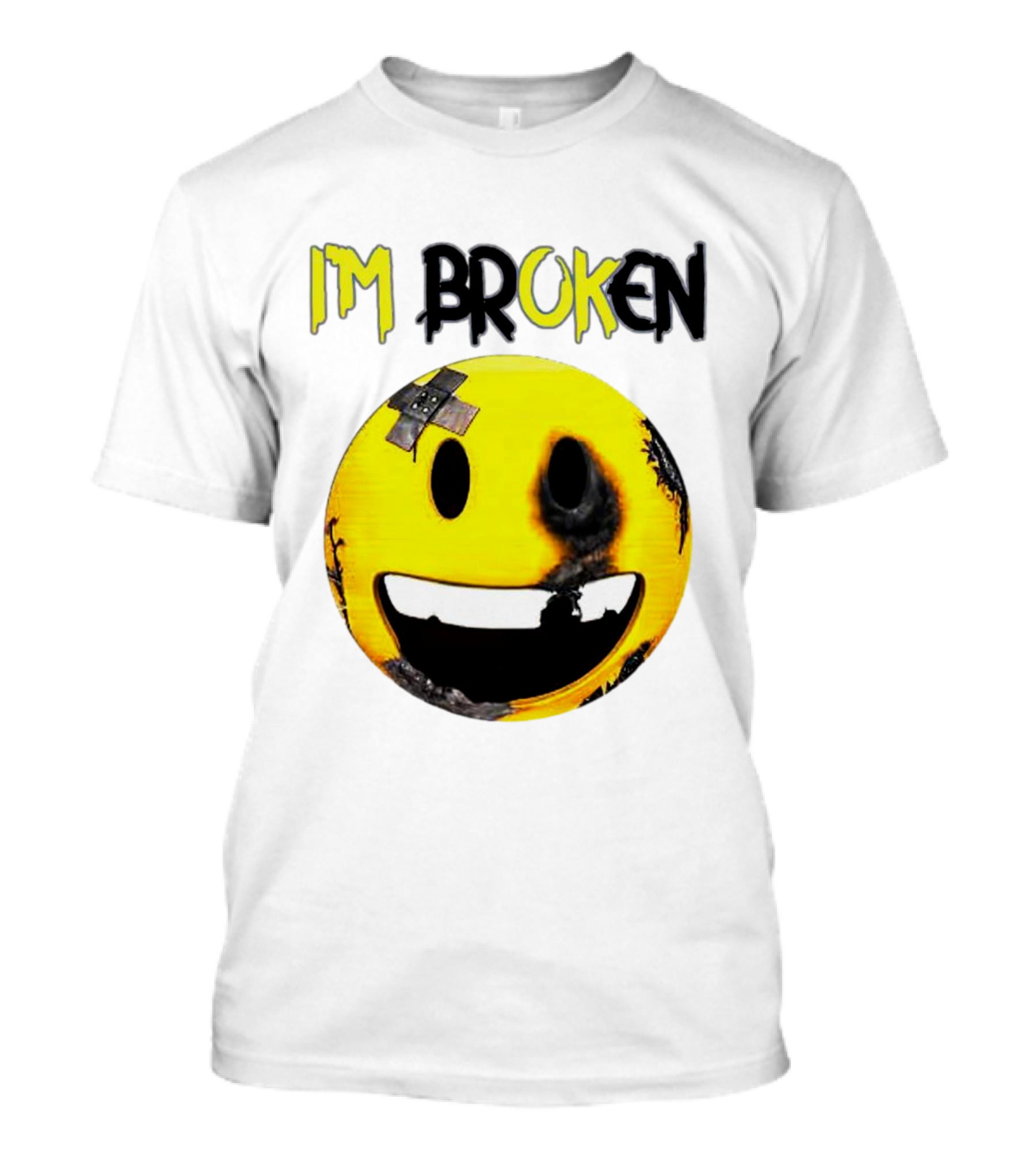 I'M BROKEN Smiley Burned And Patched Emo Smiley Face T-Shirt