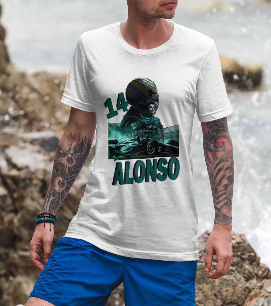 14 Alonso Aramco Racing Helmet And Car T-Shirt