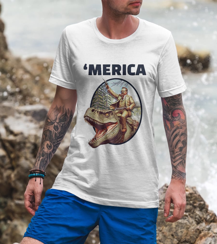 Theodore Roosevelt Riding Dinosaur ‘Merica Patriotic Adventure Scene T-Shirt