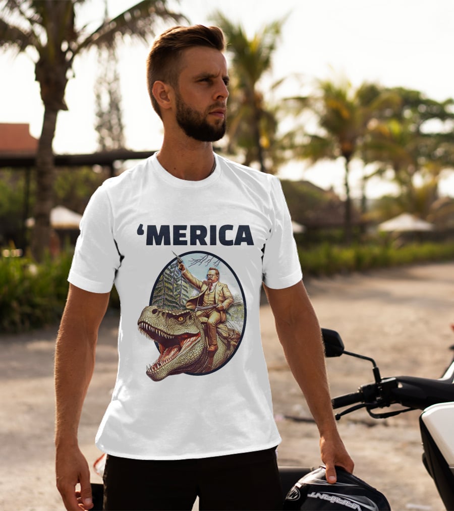 Theodore Roosevelt Riding Dinosaur ‘Merica Patriotic Adventure Scene T-Shirt