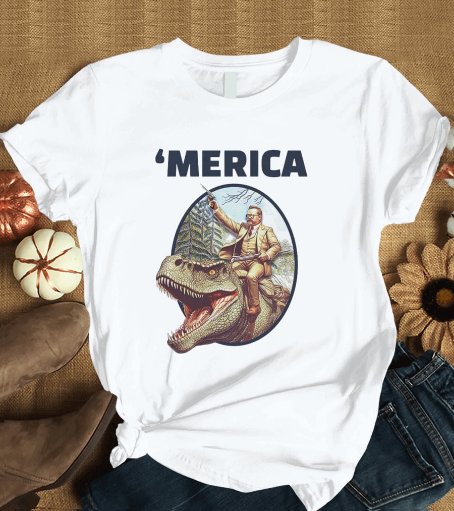 Theodore Roosevelt Riding Dinosaur ‘Merica Patriotic Adventure Scene T-Shirt
