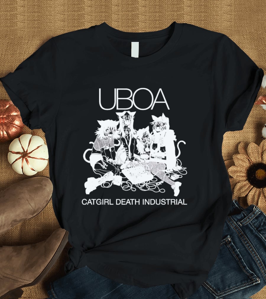 UBOA Catgirl Death Industrial White Text And Figures T-Shirt