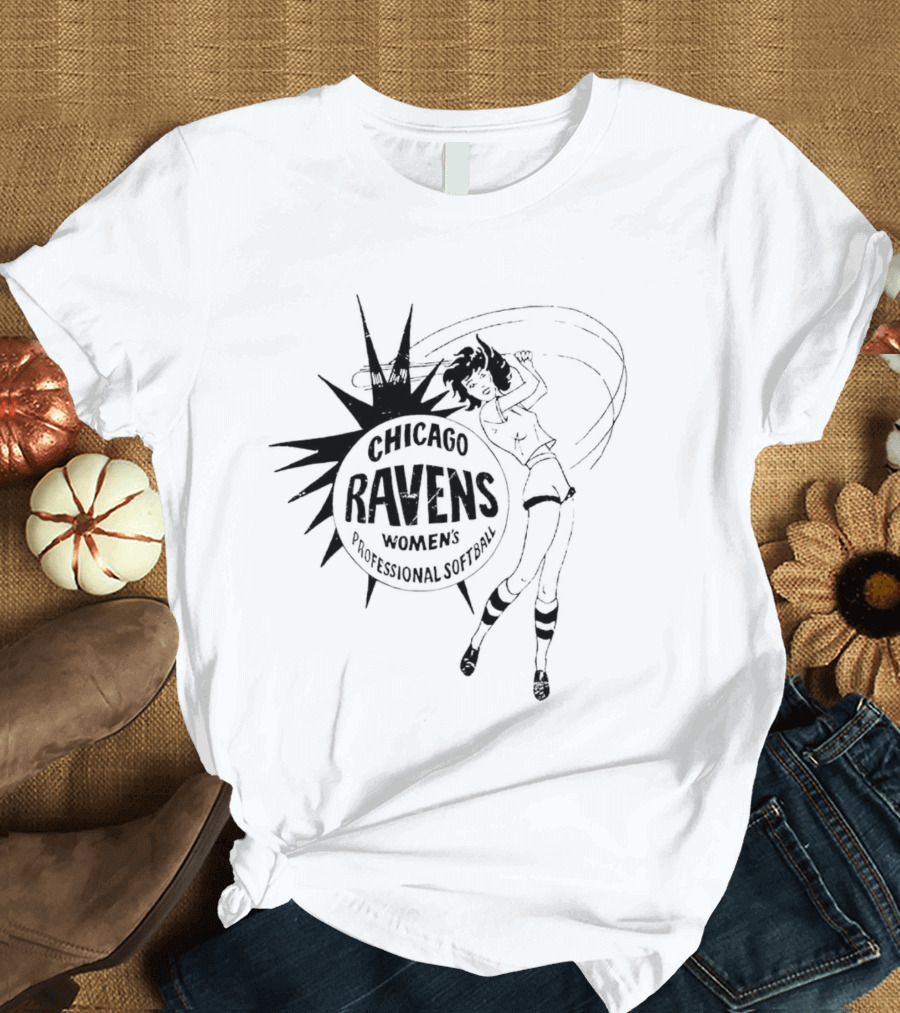 Chicago Ravens Women's Professional Softball Logo With Dynamic Female Player T-Shirt