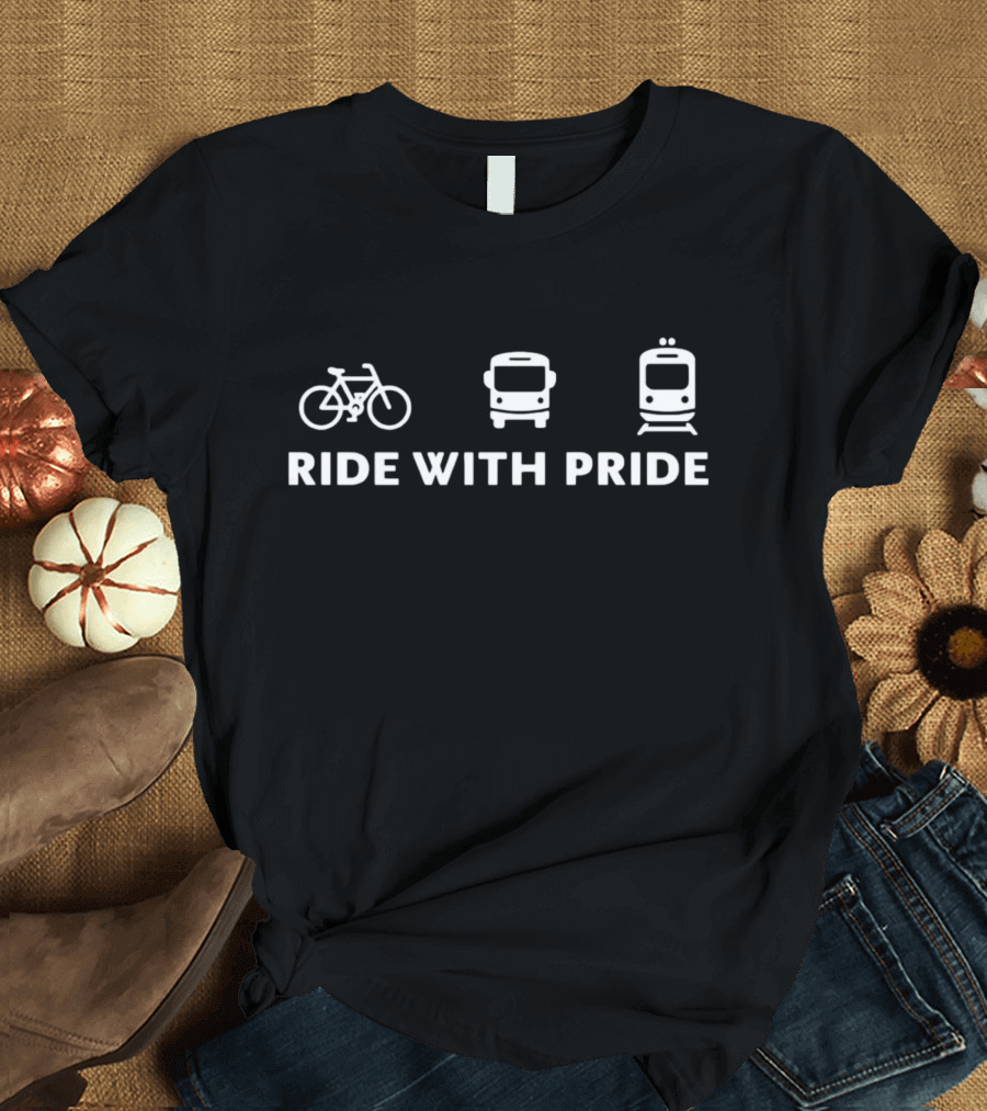 Ride With Pride Bicycle Bus Train Icons T-Shirt