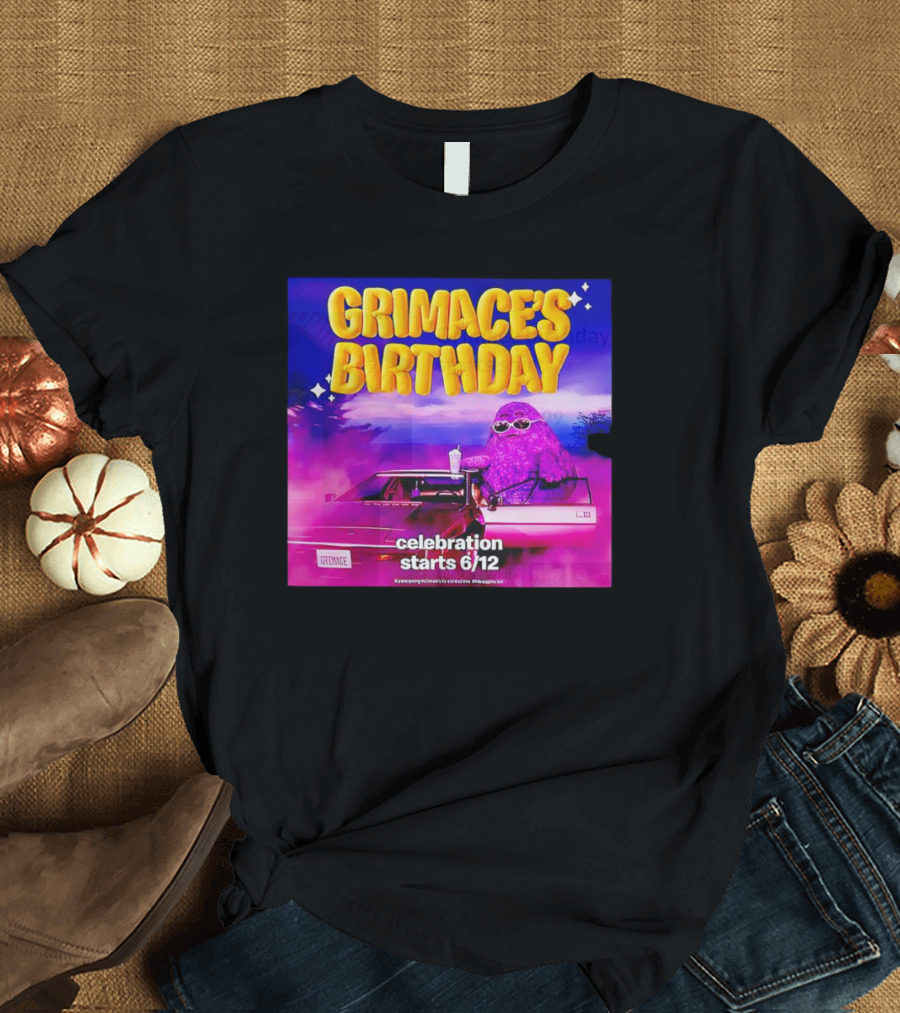 Grimace's Birthday Celebration Starts 6/12 With Purple Character And Sunglasses T-Shirt